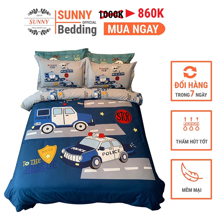 Bộ Chăn Ga Gối Cotton Disney Mẫu Xe Cảnh Sát Dày Dặn Mềm Mịn Thấm Hút Tốt Hình Ảnh 3D Sinh Động Cho Đệm 1M2 M4 M6 M8 2M