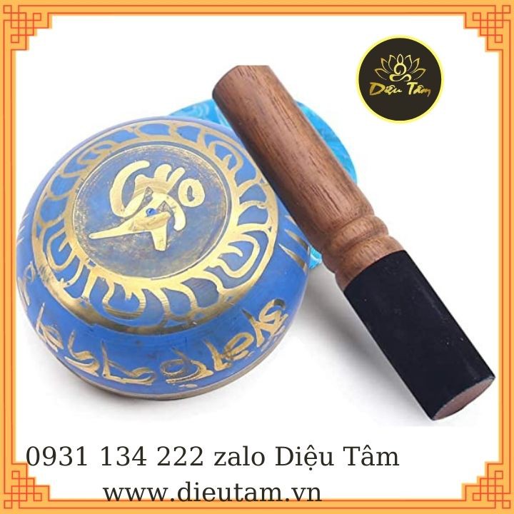 Chuông xoay thiền Tây Tạng -bát biết hát màu xanh bộ như hình chuông túi , dùi , đệm