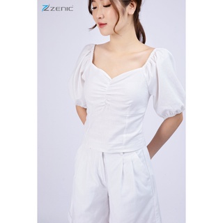 Áo Croptop Linen tay bồng cổ V đan dây lưng Zenic.