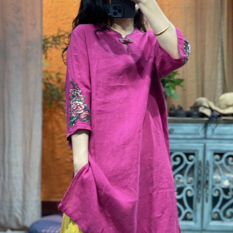 Đầm Sườn Xám Cách Tân Tay Lửng Bằng cotton Và Lanh Thêu Họa Tiết Phong Cách Mới Trung Hoa Cổ Điển
