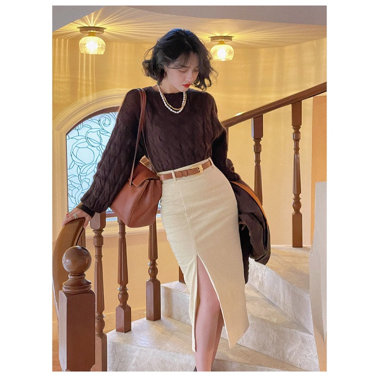 Chân váy nhung COZOK lưng cao xẻ tà phong cách vintage