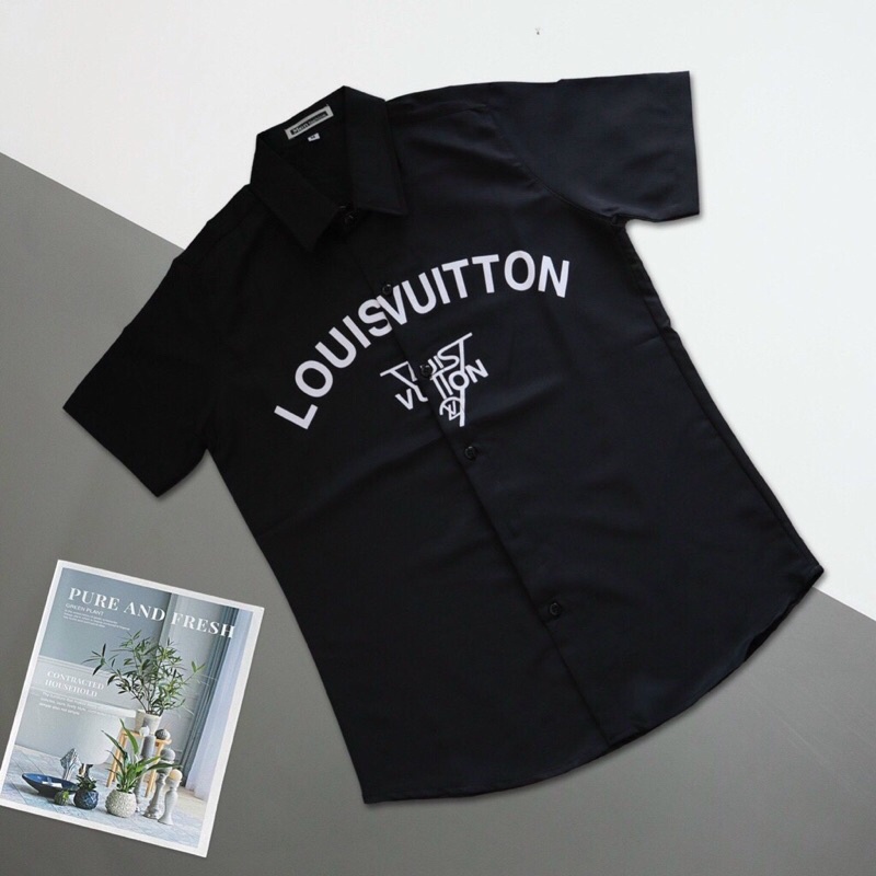 Áo sơ mi nam 3D ngắn tay chất vải lụa kate phối sọc tay in chữ THOMB , LV phong cách thời trang công sở tinh tế