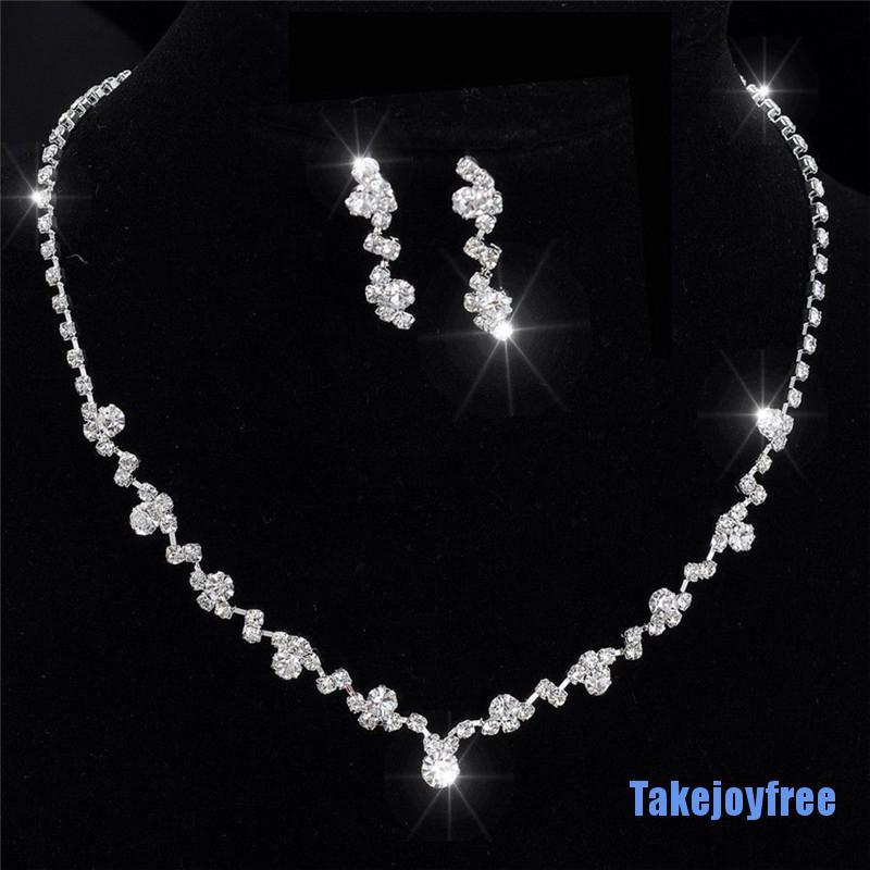 Bộ Vòng cổ + Bông Tai Bằng Bạc Đính Pha Lê Cho Cô Dâu Takejoyfree 0129