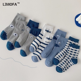 Ljmofa KIDS 5 Đôi 1-12 Tuổi Trẻ Em Tất Cotton Nguyên Chất Sọc Họa Tiết Cá Mập Mềm Mại Thoải Mái Giữa Ống Tất