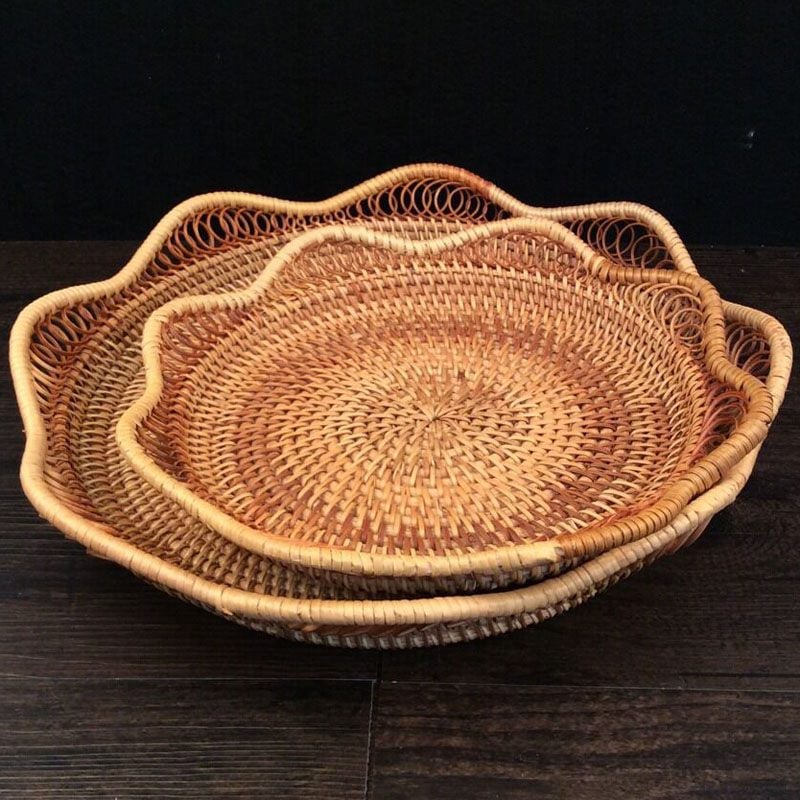 Khay mây Vintage hình hoa sen bộ 2 cái dùng để đựng bánh, đồ ăn, quả, bánh kẹo, decor - Hàng xuất Nhật