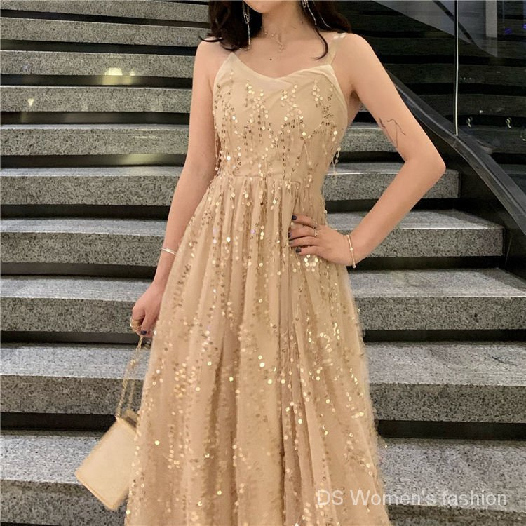 Đầm dài hở lưng đính kim sa lấp lánh thời trang mùa hè quyến rũ cho nữ