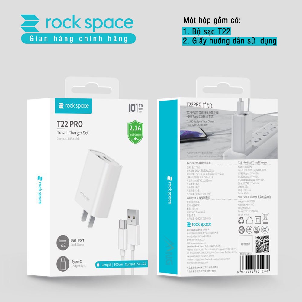 Bộ củ cáp sạc nhanh iphone Rockspace T22 pro 2 cổng sạc nhanh không nóng máy, chính hãng bảo hành 12 tháng