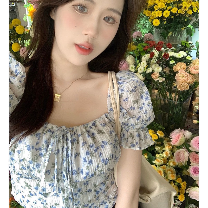 Áo chiffon Cổ Vuông Tay Phồng In Họa Tiết Hoa Thời Trang Pháp 2022 Cho Nữ