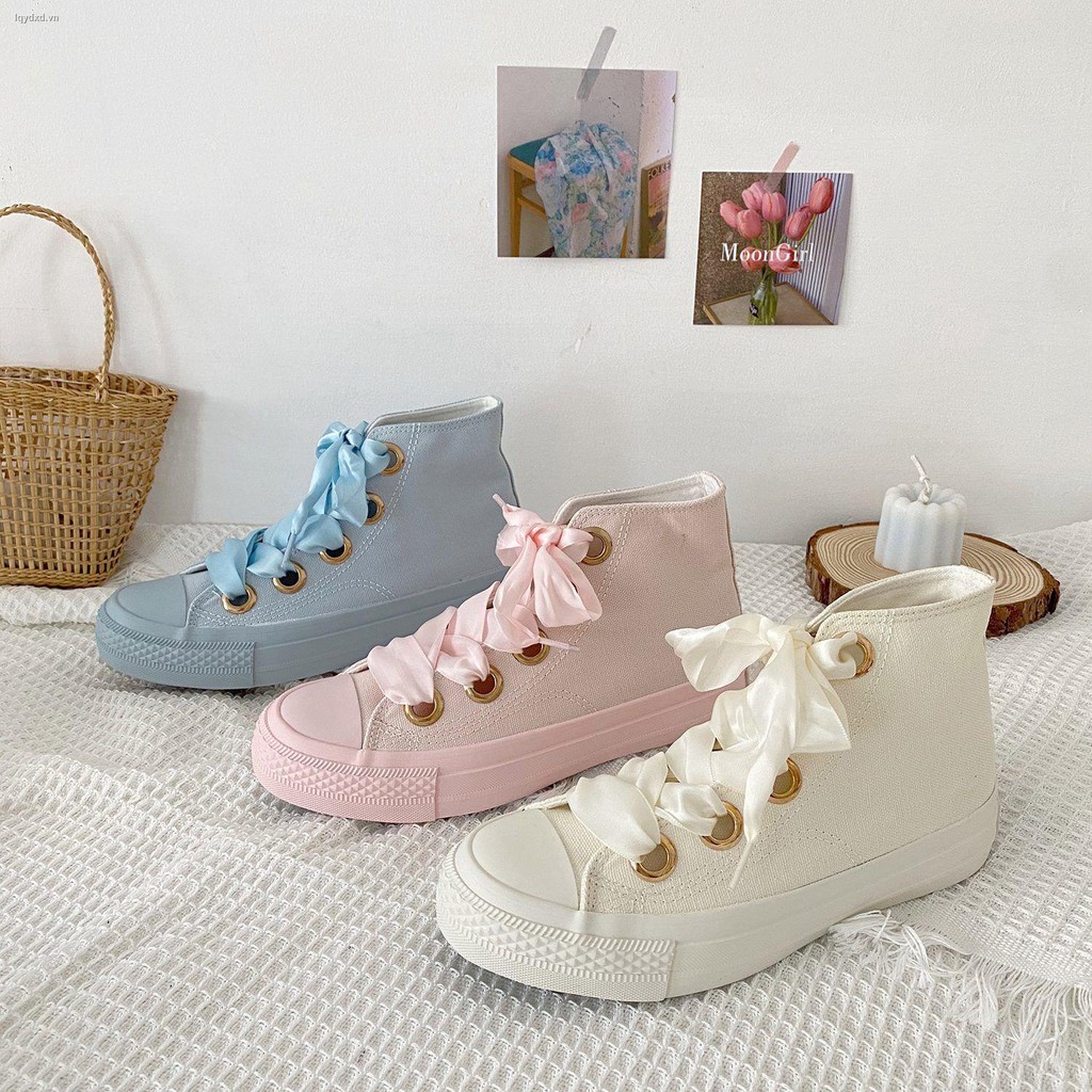 Giày sneaker vải canvas dây buộc ruy băng phong cách Hàn Quốc thời trang 2021 cho nữ