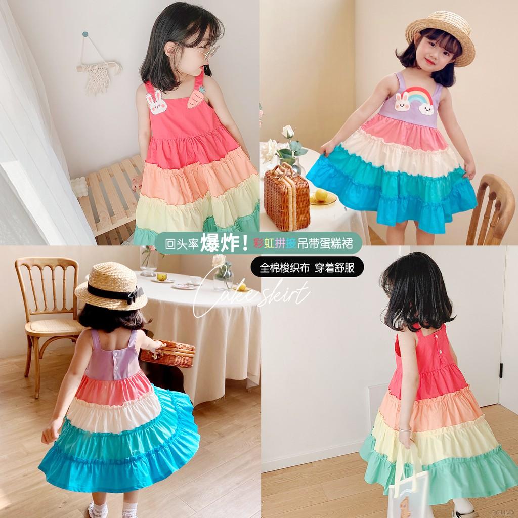Đầm Kiểu Chắp Vá Hoạ Tiết Hoạt Hình Màu Cầu Vồng Dễ Thương Cho Bé Gái