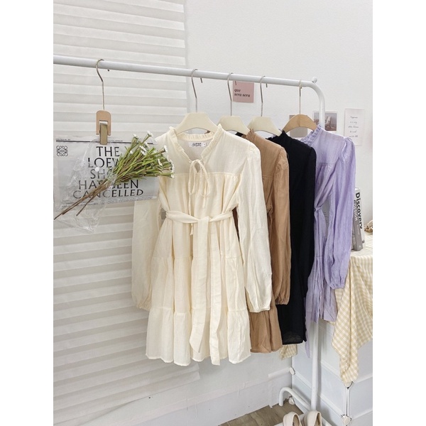 Váy Tơ Nhăn Kèm Đai Tay Dài Dáng Babydoll 4 Màu Siêu Xinh Có Ảnh Thật