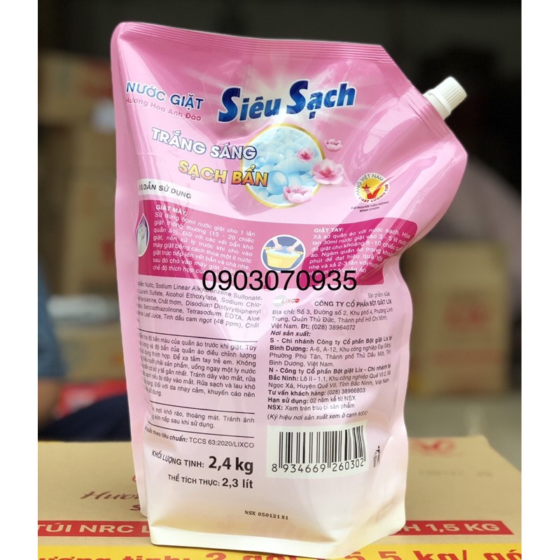 Nước Giặt Lix Siêu Sạch Hương Hoa anh Đào túi 2,4Lit
