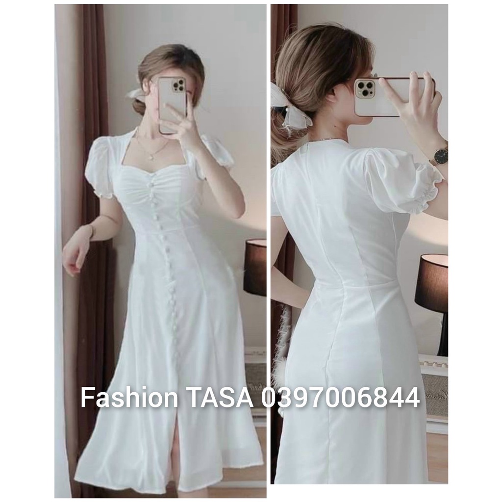 X2 Đầm midi trắng tiểu thư nút bọc xẻ tà nhíu ngực tay búp cổ tim cách điệu dáng dài công chúa dự tiệc váy cưới cô dâu