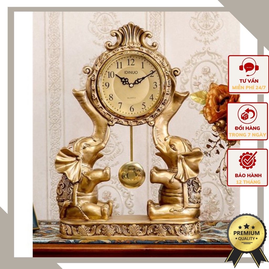 Đồng hồ để bàn họa tiết cặp voi mang phong cách tân cổ điển sang trọng DH61.