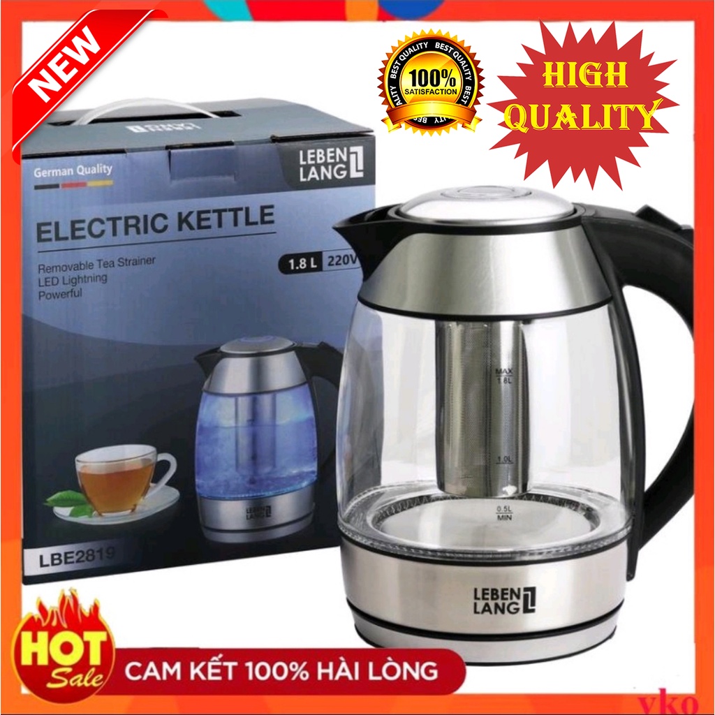 Ấm siêu tốc thủy tinh 1.8L,bình siêu tốc thủy tinh LEBENLANG LBE2819 lõi lọc trà inox công nghệ Đức