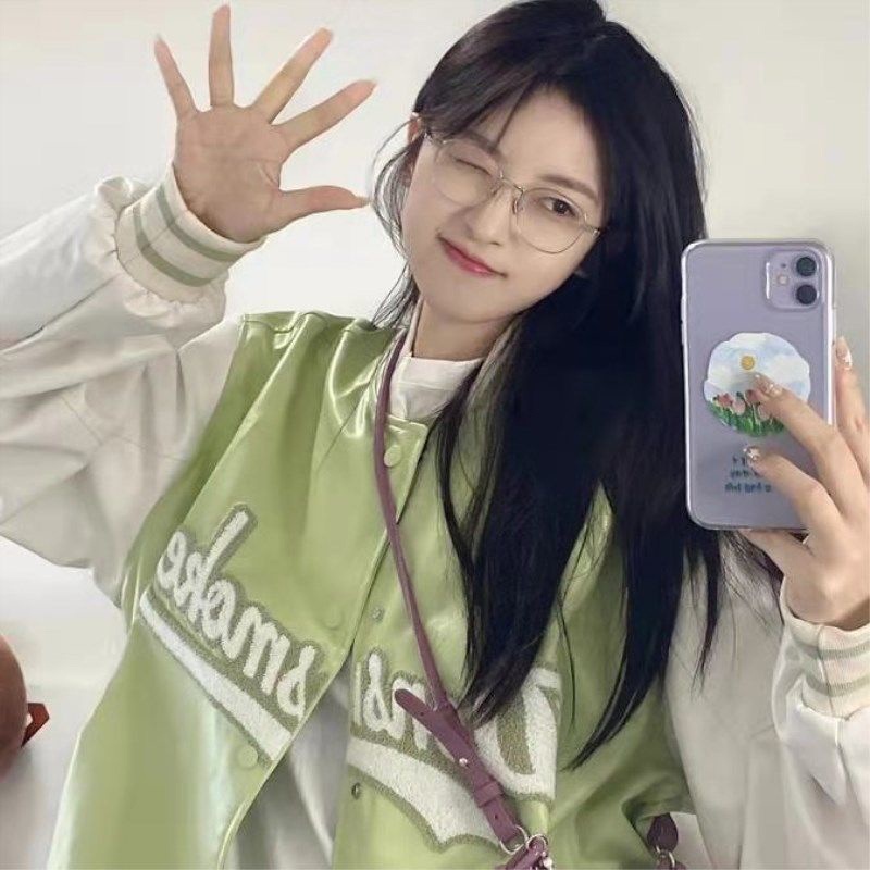 Áo Khoác Bóng Chày Dáng Rộng Màu Trắng Xanh Lá Phong Cách Cổ Điển Thời Trang Cho Nữ