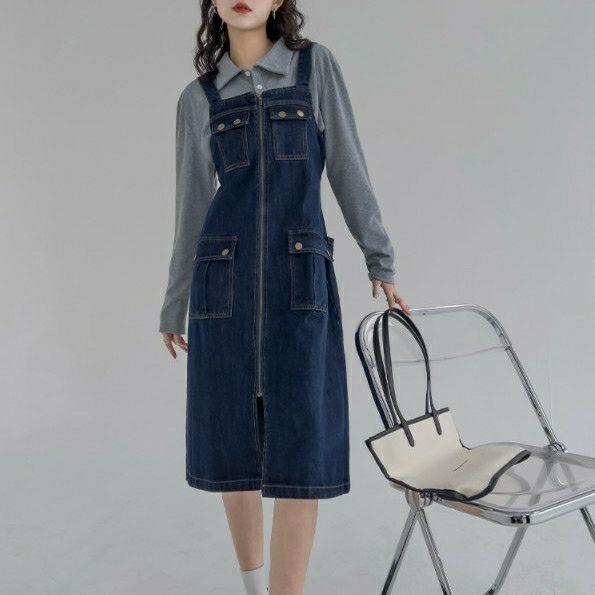 ♘✺☾Đầm Yếm Denim Hai Dây Phong Cách Mới Thời Trang Mùa Xuân Dành Cho Nữ 2022