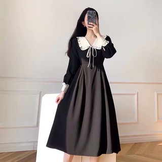 Váy dáng dài có nơ buộc - đầm xoè cổ viền bèo - váy tiểu thư sang chảnh kiểu dáng maxi