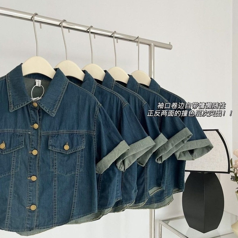 Áo Sơ Mi Denim Tay Ngắn Dáng Rộng Phong Cách Chic Hồng Kông Thời Trang Hè 2022 Cá Tính Cho Nữ