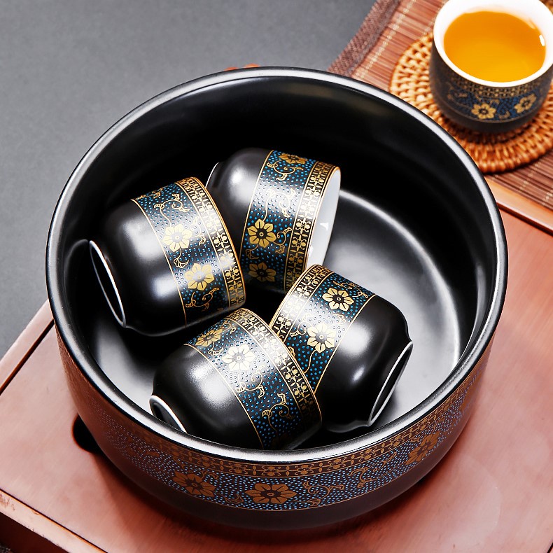 Bộ Ấm Chén Uống Trà Cối Xay Gốm Sứ Cao Cấp Hoa Văn Lòng Chén Trắng Đen
