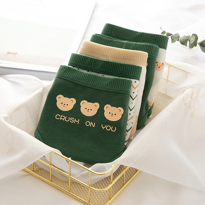 Quần dài cotton nguyên chất lưng vừa mềm mại co giãn thoải mái kháng khuẩn họa tiết gấu nhỏ đáng yêu màu xanh lá cho nữ