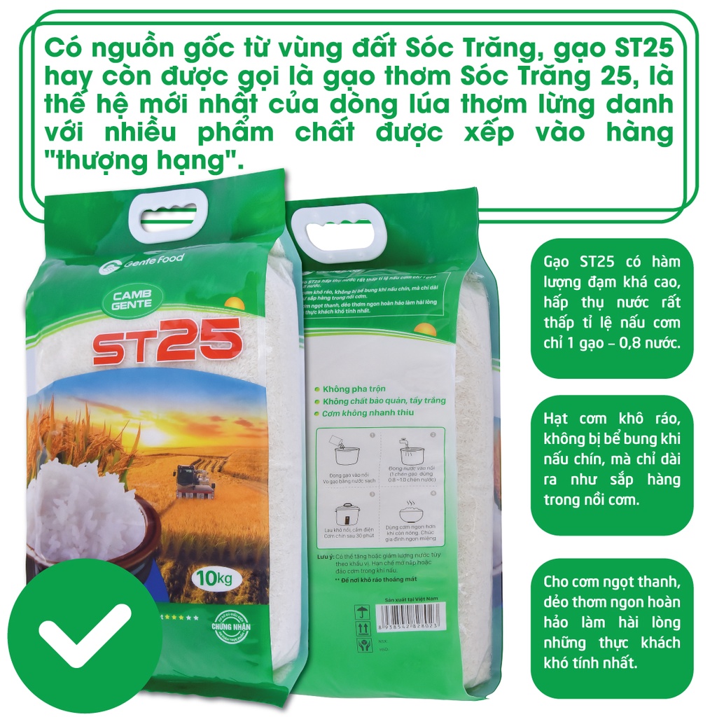 [ MUA 2 TẶNG 1] Combo 2 Túi Gạo ST25 10kg Tặng Túi 2kg - Chính hãng Gente Food  giống chuẩn ST25 - Top 1 Thế Giới 2019