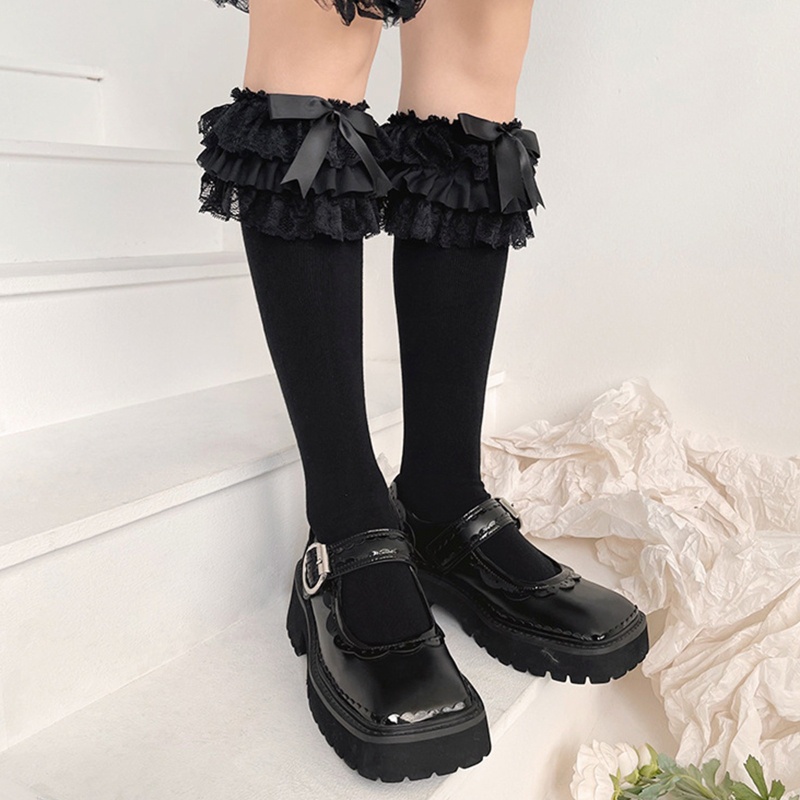 1 Cặp Tất Ren Phối Nơ Dài Đến Đầu Gối Màu Trắng Đen Phong Cách Lolita Cho Nữ