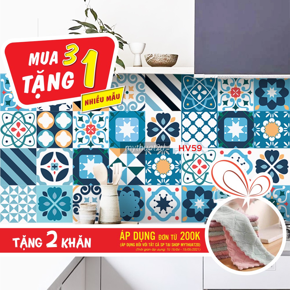 Decal gạch bông Mua 3 Tặng 1, dán bếp dán tường màu Color Blue, sét 32 ô 15x15cm