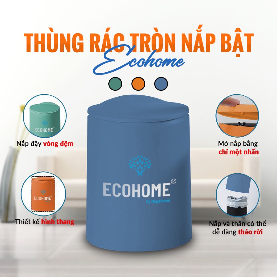 Thùng rác tròn có nắp bật 10L Ecohome, thùng rác tiện lợi và phù hợp với mọi không gian