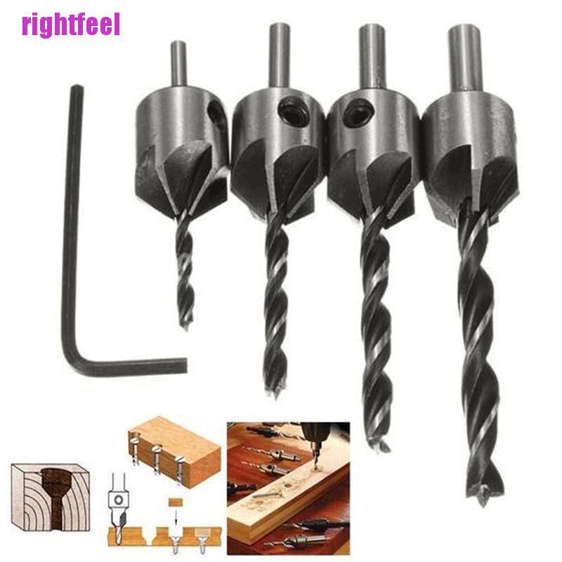 Rightfeel 4pcs HSS Countersink Wood Drill Steel Countersink Drill Set 5 Flute 3mm-6mm