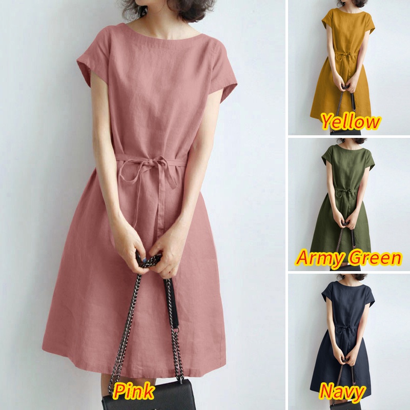 Đầm midi ZANZEA tay ngắn cổ tròn màu trơn thời trang cho nữ