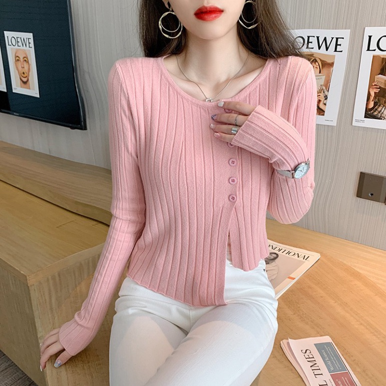Áo len kiểu Hàn Quốc nữ cổ tròn đính cúc màu sắc ngọt ngào phong cách Hàn Quốc 2021 mới nhất T2- B3
