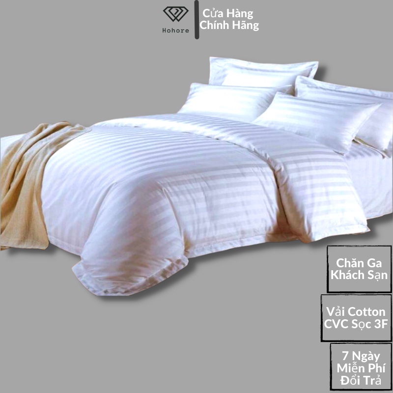Chăn Ga Khách Sạn - Bộ Ga Giường Vải Cotton T300 Trắng Sọc Cao Cấp Đủ Size ( nệm cao 7cm-27cm )