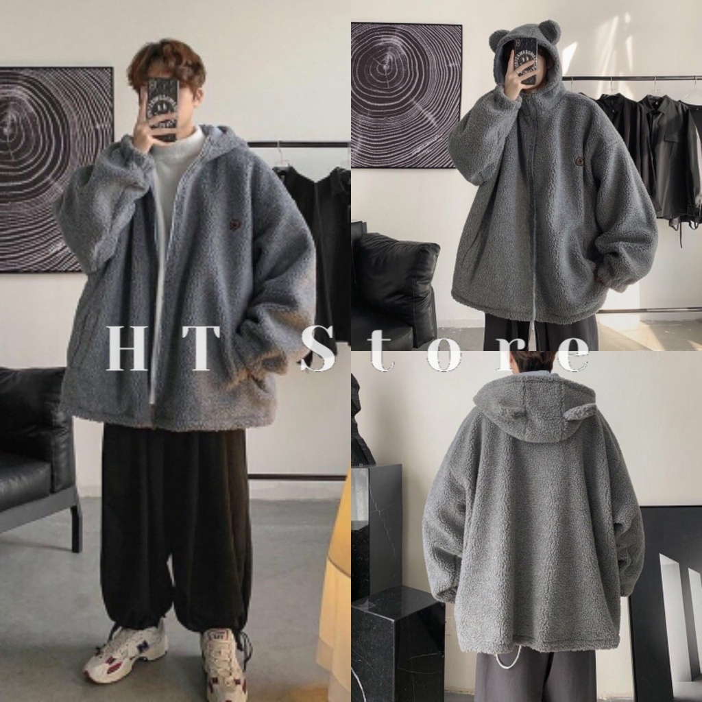 Áo Khoác Unisex Lông Tai Gấu Logo Ngực dưới 70kg - Dáng Rộng Khóa Kéo G083 - HT STORE
