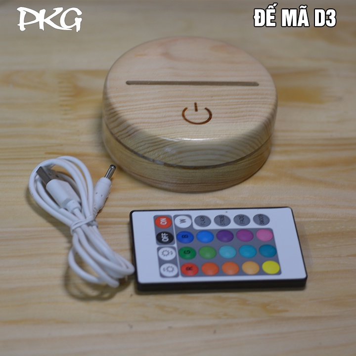 Đế đèn ngủ LED 3D gỗ - 16 màu - Có cảm ứng - Điều khiển Remote dây sạc - D3