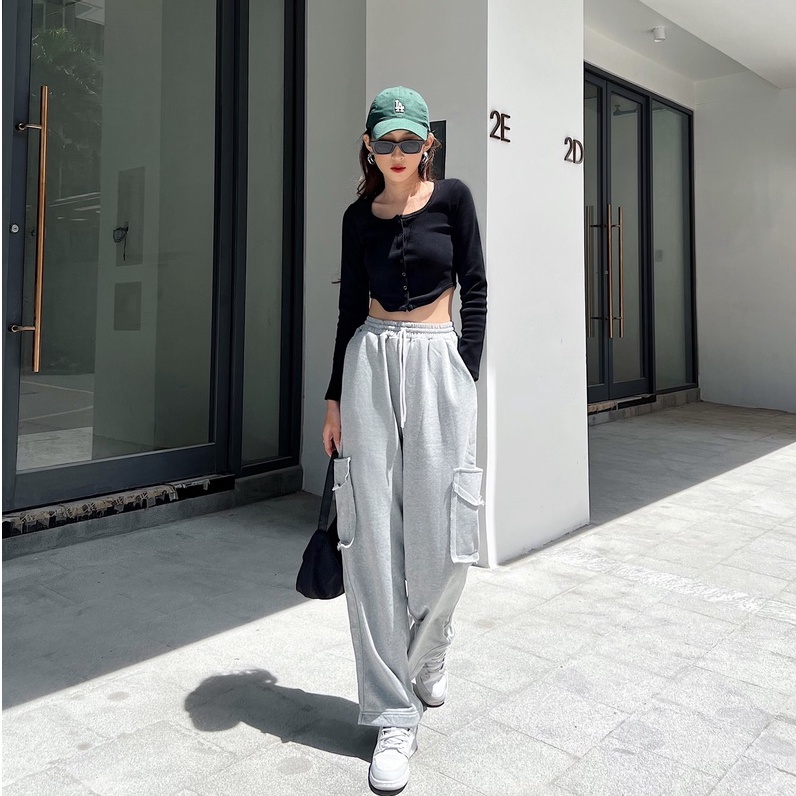 Quần cullotes TOPTIFY kiểu túi hộp rách lai form ống suông Sarley Cargo Pants QT21