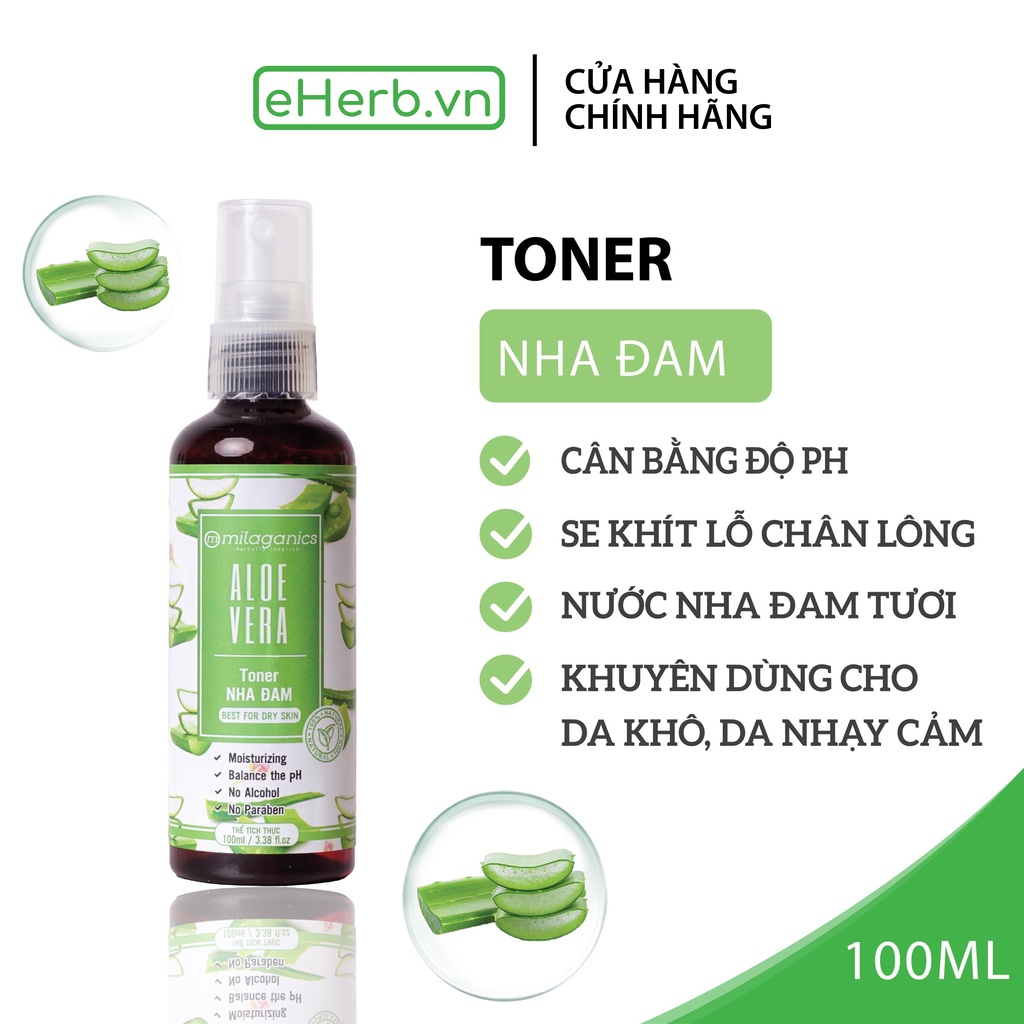 Toner nước hoa hồng nha đam tươi dành cho da khô dưỡng ẩm, se khít lỗ chân lông MILAGANICS 100ml