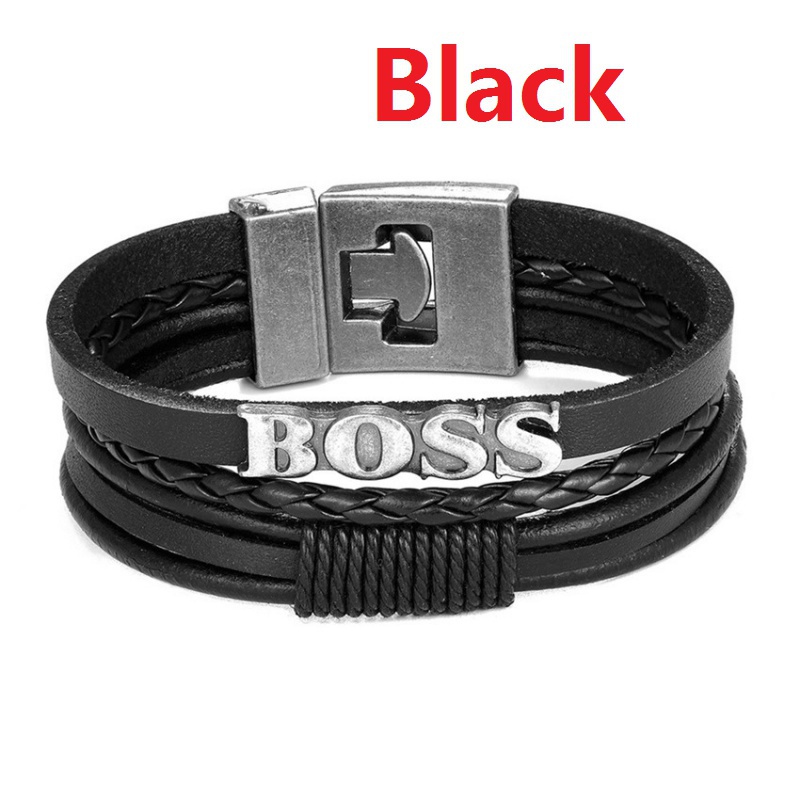 Vòng Tay Da Nhiều Lớp Mặt Chữ Boss Phong Cách Retro