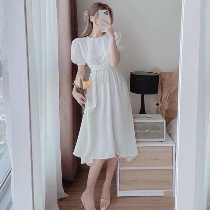 Đầm Nữ Đẹp ⚡𝙎𝙄𝙀̂𝙐 𝙎𝘼𝙇𝙀⚡ Váy Dáng Xòe Cổ Tròn Nhún Eo, Chất Đũi Mềm Thoáng Mát - 85198