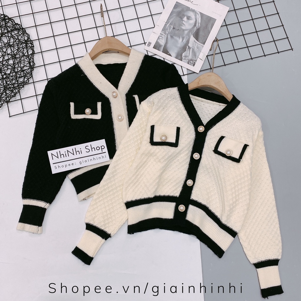 Áo cadigan len khuy ngọc viền túi dài tay cổ tim KL1847 - NhiNhi Shop