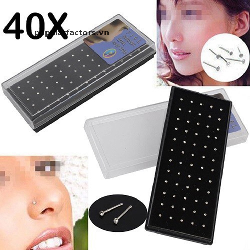 Set 40 Khuyên Mũi Bằng Thép Không Gỉ Đính Đá Cá Tính