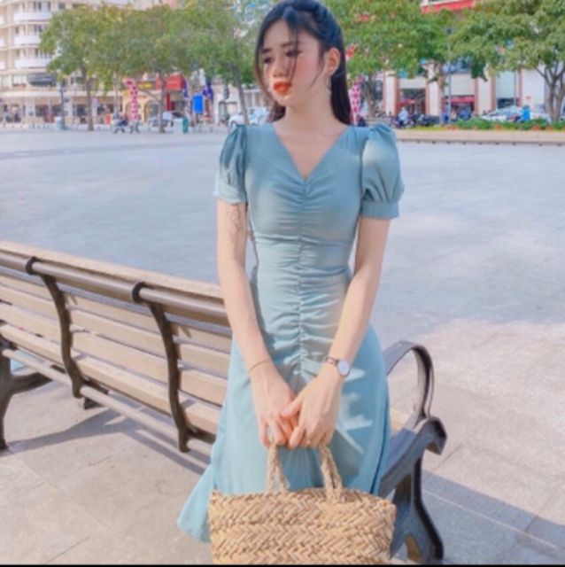 Đầm xoè tiểu thư màu xanh mint nhún eo