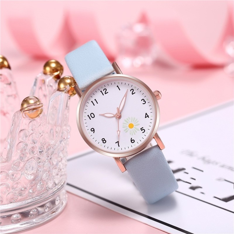 Đồng hồ thạch anh dây da PU họa tiết hoa cúc dạ quang đơn giản thời trang dành cho nữ