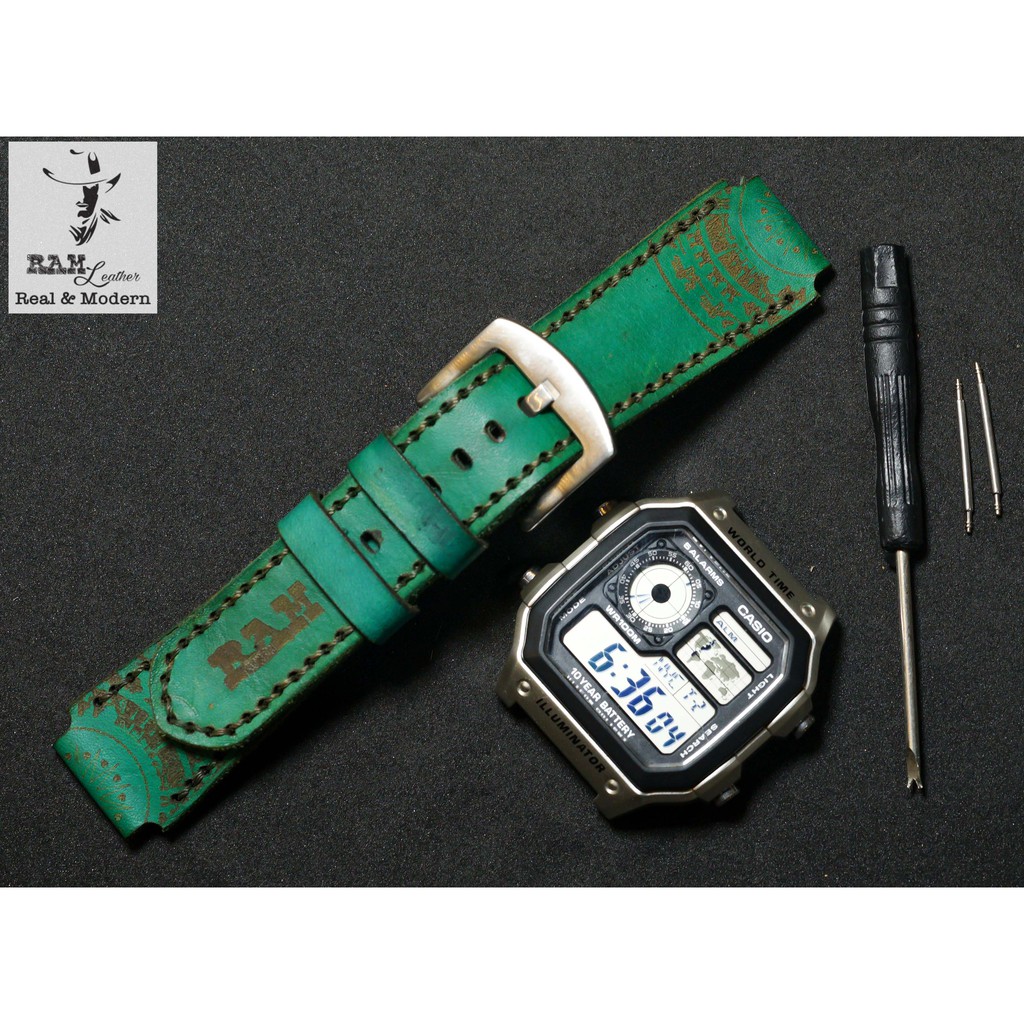 Dây Đồng Hồ Da Thật RAM Leather Cho Casio AE 1200 WHD và đồng hồ dây 18mm Trống Đồng Việt Nam Xanh Lá  Bền Đẹp