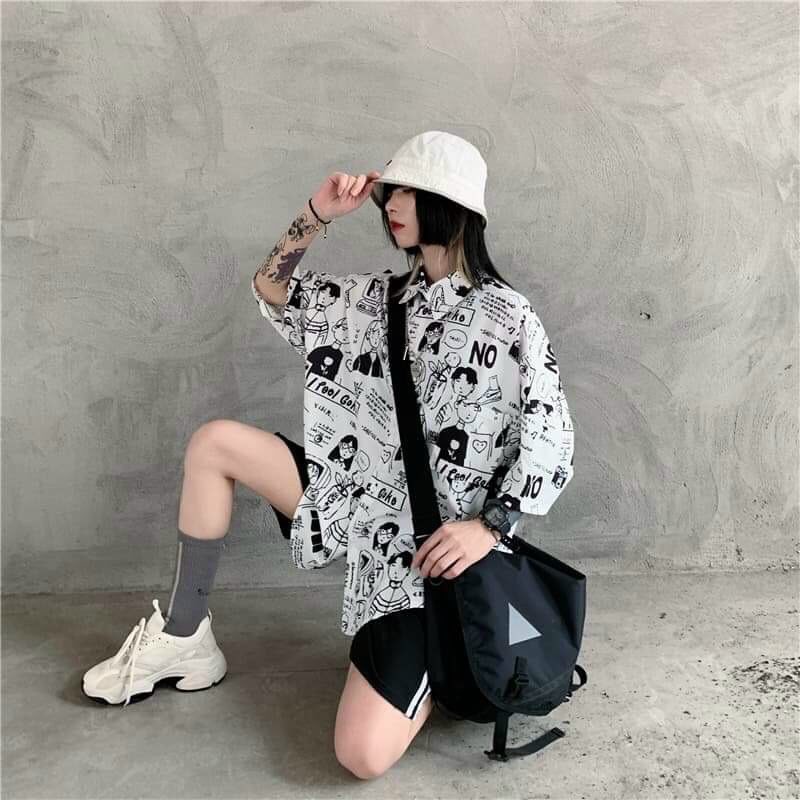 Áo sơ mi unisex chiffon tay ngắn in họa tiết hoạt hình thời trang | BigBuy360 - bigbuy360.vn