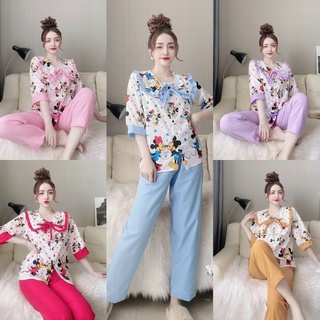 Đồ bộ pijama cổ bèo tay lỡ quần dài vải kate lụa họa tiết mickey siêu dễ thương freesiez dưới 57kg