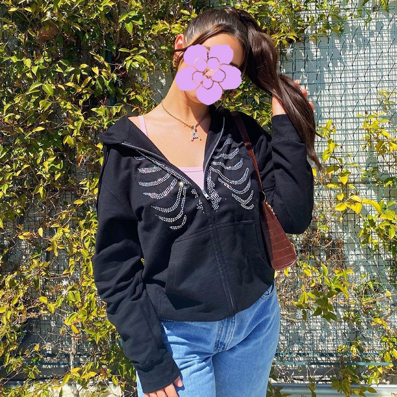 Áo khoác hoodie có khóa kéo đính đá họa tiết bộ xương 90s phong cách đường phố cho nữ