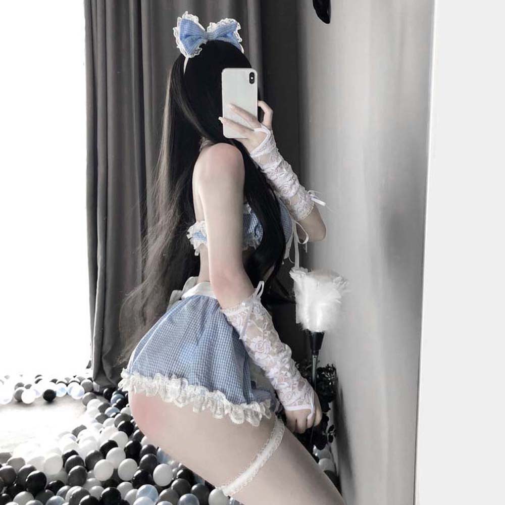 Bộ Đồ Lót Hóa Trang Cô Hầu Gái Phối Ren Màu Trắng/Xanh Dương Gợi Cảm Thời Trang Cho Nữ