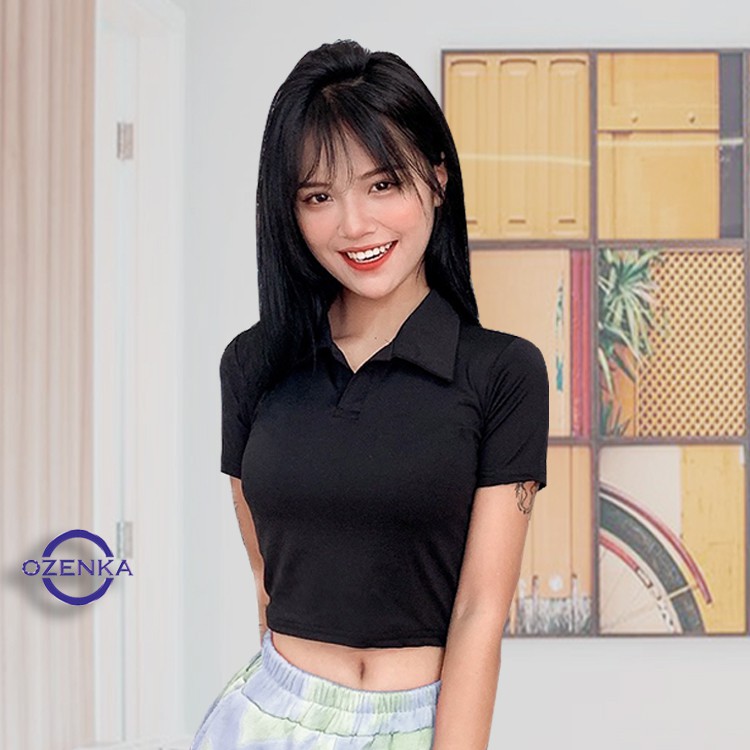 Áo  polo croptop nữ , áo crt có cổ dáng ôm cộc tay đẹp mát OZENKA  CRT 441
