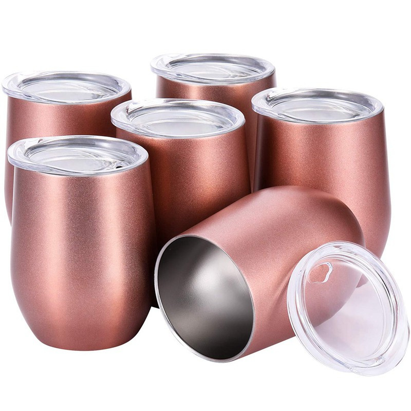 1 Set 6 Pcs 12 Oz Unbreakable Drinkware Stemless Wine Tumbler Stainless Steel Triple-Insulated Vacuum Wine Glass Cup with Lids